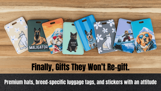 lay-flat photo of a variety of cat and dog luggage tags 
