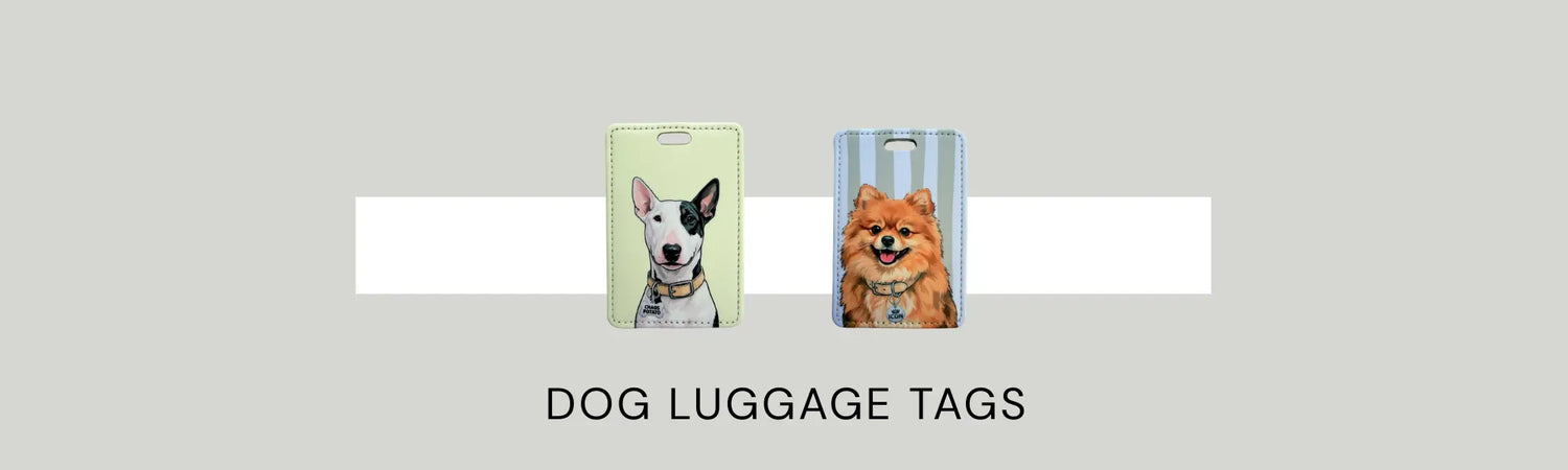 Dog luggage tags featuring Bull Terrier on cream background and smiling Pomeranian on blue stripe background, illustrated faux leather dog luggage tags by Sly Dawg Studio