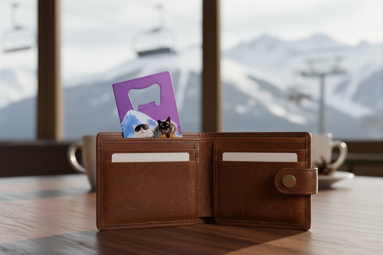 Adventure cat bottle opener gift for skiers shown tucked in brown leather wallet on wooden table with snowy mountain peaks and ski chairlift visible in background