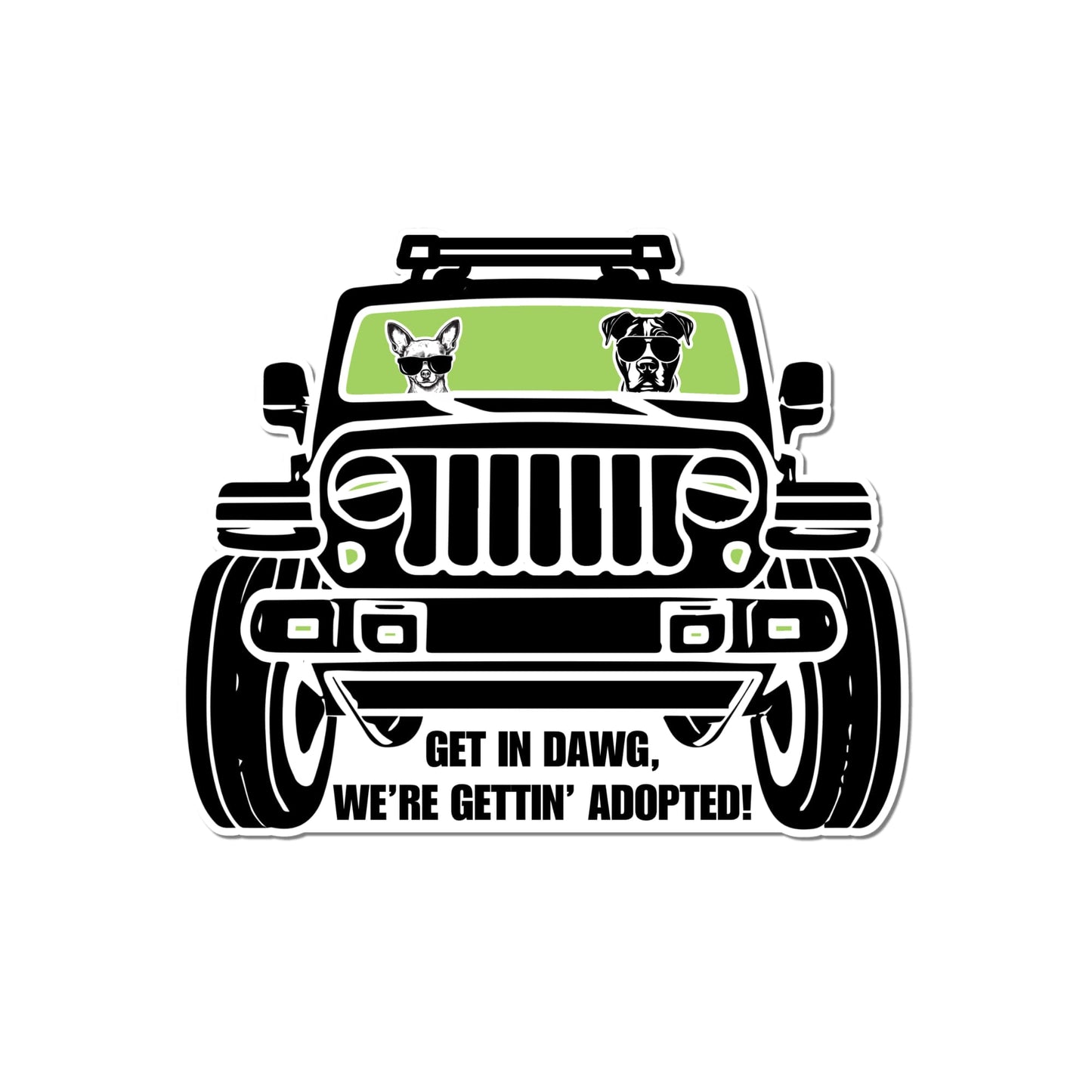 Pit mix and chihuahua in black Jeep with green windshield. 5" waterproof vinyl rescue dog sticker 