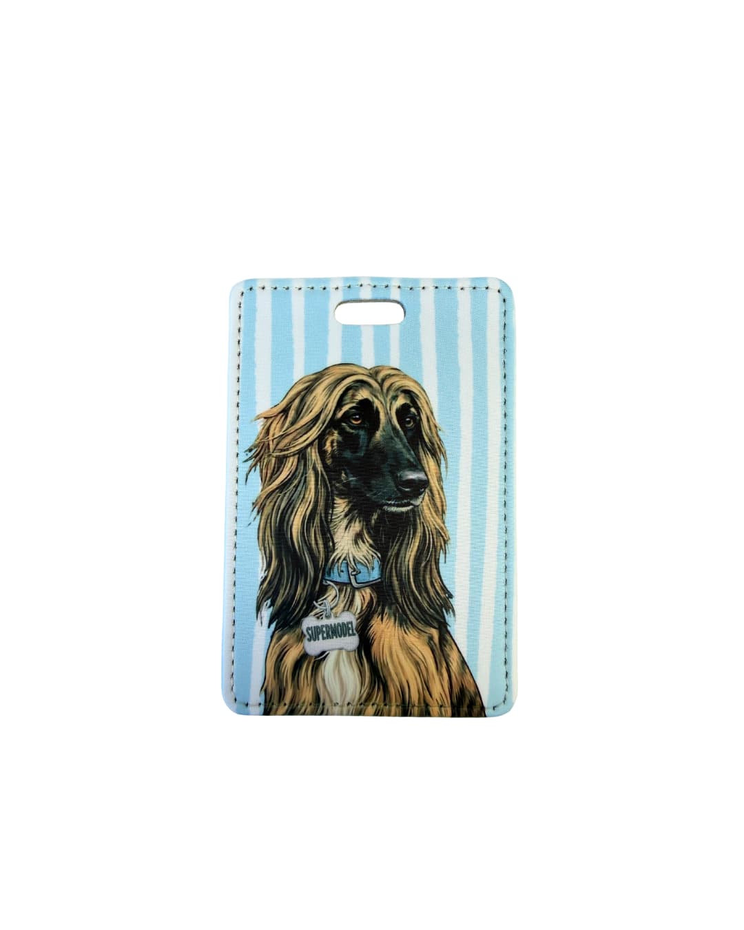 Afghan hound luggage tag; Fun faux leather luggage tag with a refined Afghan Hound with flowing tan hair wearing a light blue collar and Supermodel charm, vertical light blue and white stripes, white background.