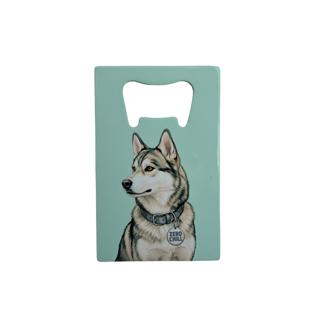 Agouti husky bottle opener: A flat stainless steel bottle opener featuring an agouti Siberian Husky with a "Zero Chill" collar tag against a teal background.