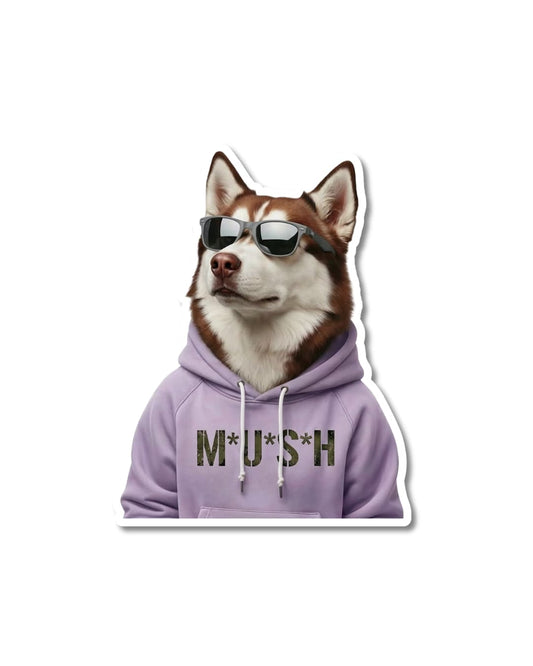 Alaskan Malamute mush funny sticker; dog wearing lavender hoodie and sunglasses. Hoodie says M*U*S*H