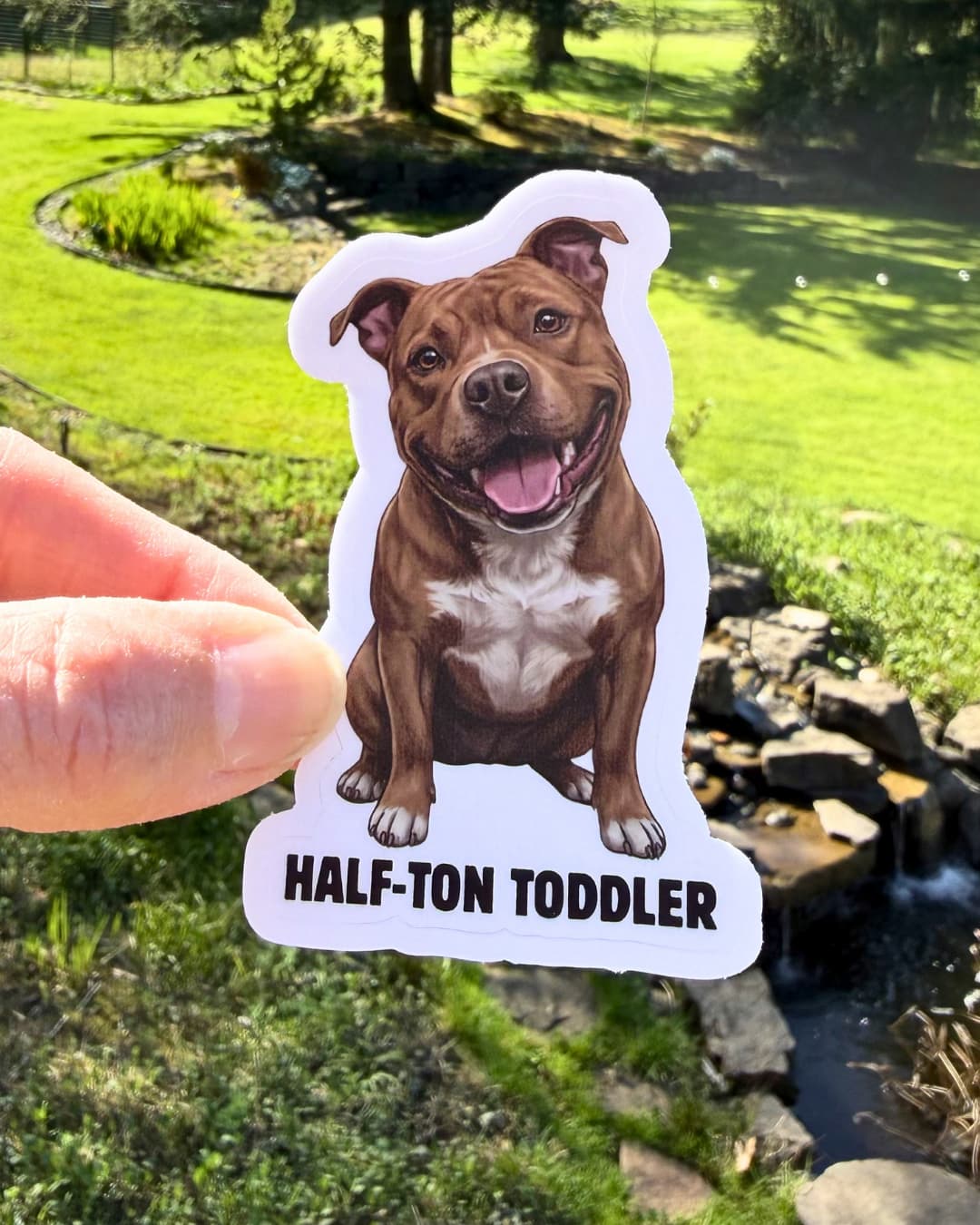 american bully funny dog sticker half ton toddler sticker held between fingers outdoors with yard background