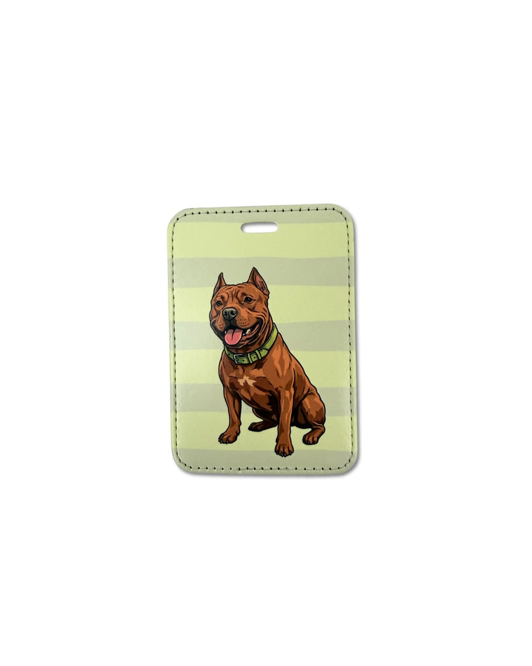 American bully luggage tag; muted green stripes with brown illustrated brown bully breed dog. White background