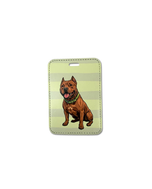 American bully luggage tag; muted green stripes with brown illustrated brown bully breed dog. White background
