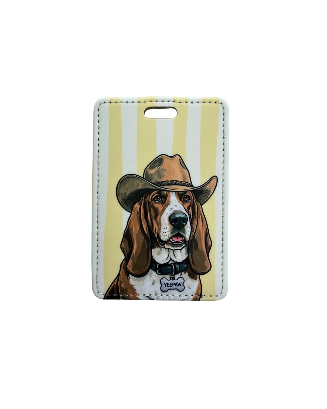 Basset Hound cowboy luggage tag; a vertical faux leather luggage tag featuring a Basset Hound in a brown cowboy hat with a Yeepaw collar tag on a pale y
