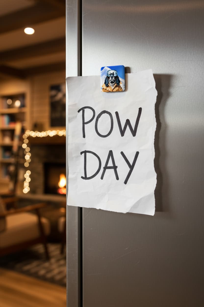 Note on a refrigerator door with 'POW DAY' text, surrounded by a cozy room setting. Note held up by funny basset hound ski magnet.