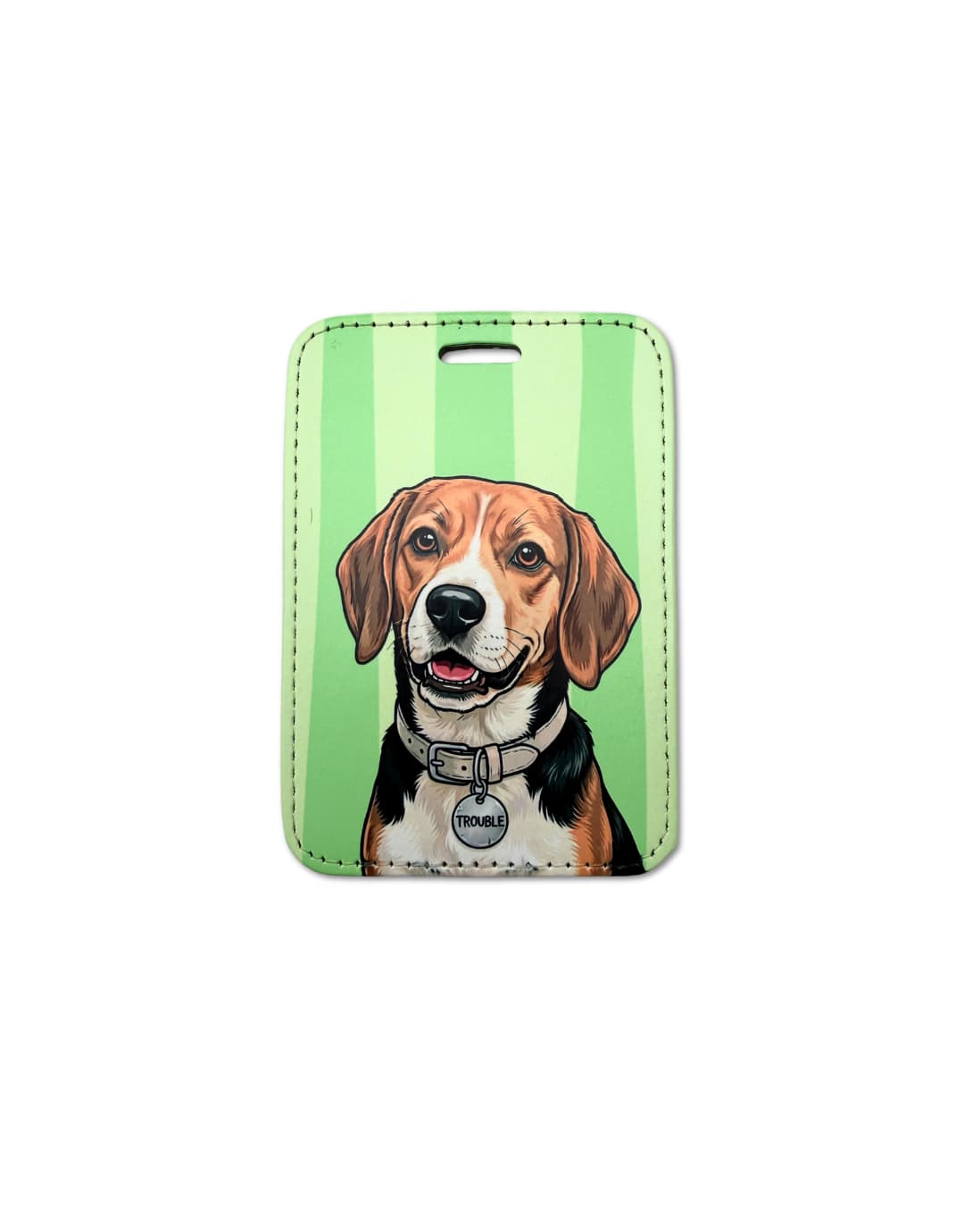 Beagle luggage tag - illustrated tricolor dog with gray collar and Trouble ID tag, on bright green striped background