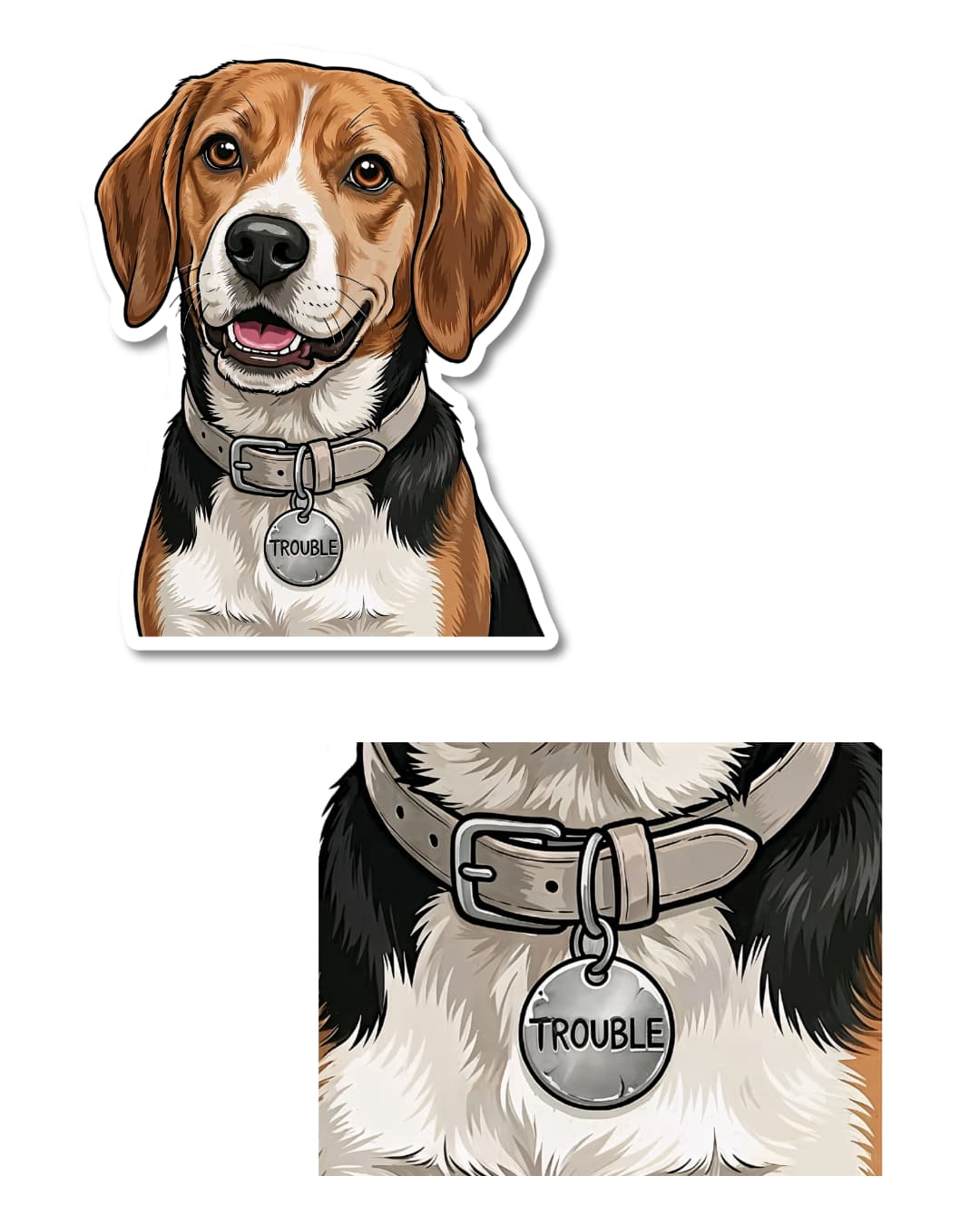 funny beagle sticker beagle dog humor close up of dog collar tag reading trouble