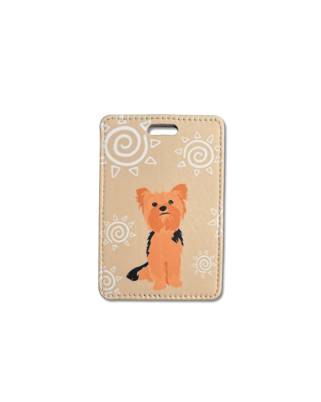Yorkie luggage tag with a dog illustration on a beige background and white artistic suns