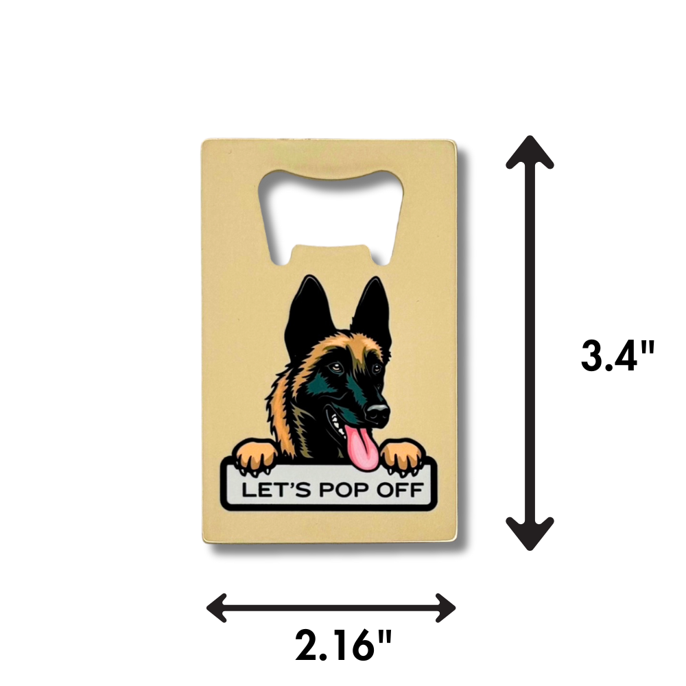 dimensions for Flat credit card-sized bottle opener featuring a Belgian Malinois illustration 

