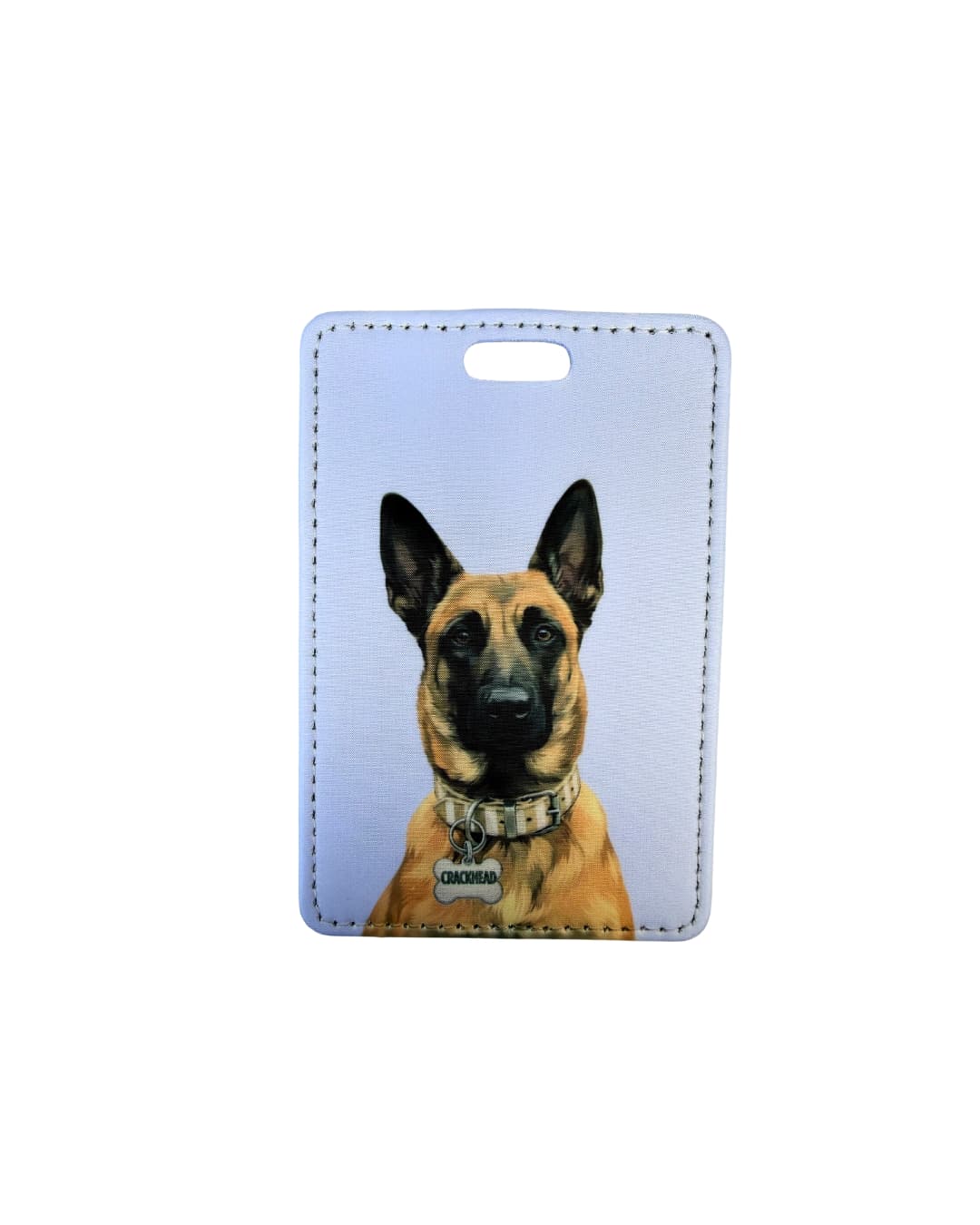 Belgian Malinois luggage tag lavender gray; Faux leather luggage tag with a Belgian Malinois illustration wearing a funny bone charm, lavender gray background, white surface.