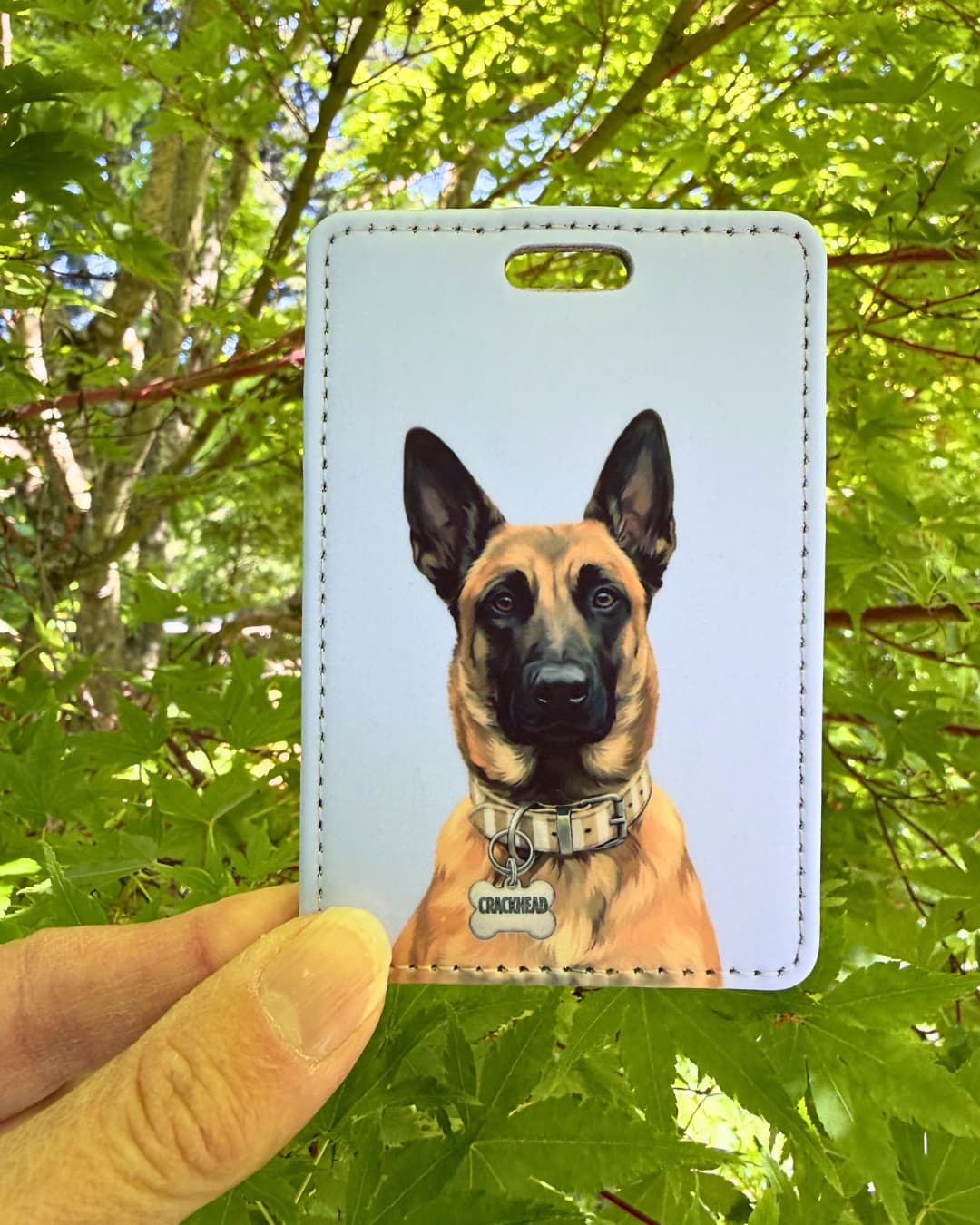 Belgian Malinois luggage tag lavender gray; Hand holding a lavender gray faux leather luggage tag featuring a Belgian Malinois with a funny bone charm, green tree foliage background.