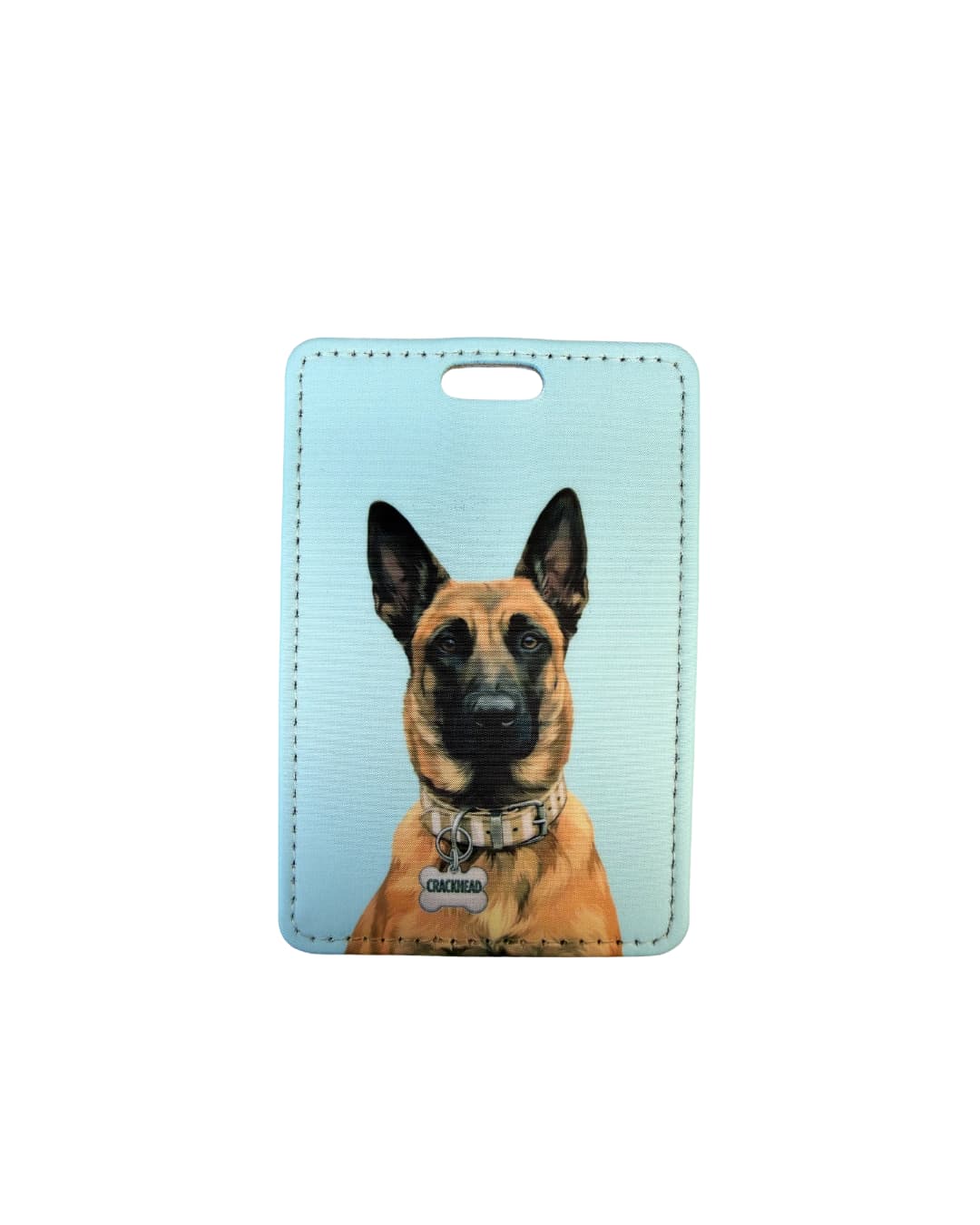 Belgian Malinois luggage tag light teal; Faux leather luggage tag with a detailed Belgian Malinois illustration wearing a funny bone charm, light teal background, white surface.