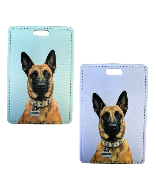 Belgian Malinois luggage tag; Two faux leather luggage tags side by side in light teal and lavender gray, both featuring a Malinois with a funny bone charm, white background.