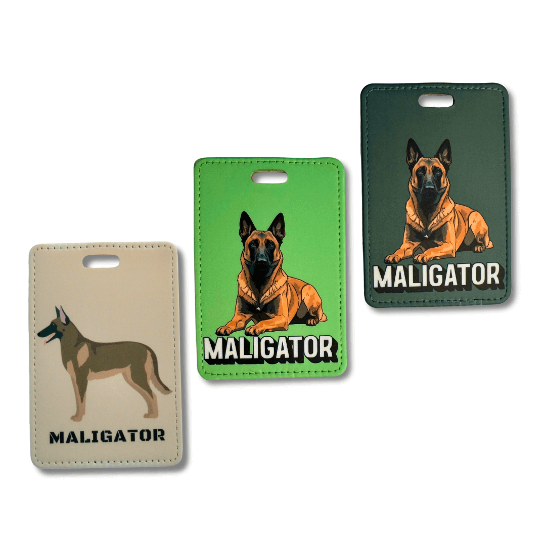 Three luggage tags with a Belgian Malinois dog illustration and 'Maligator' text on various colored backgrounds: tan, green, dark gray