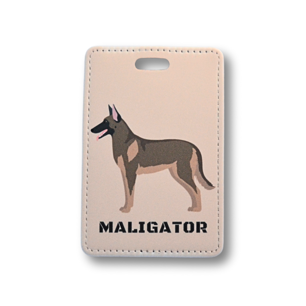 light tan background with Belgian Malinois illustration on it luggage tag
