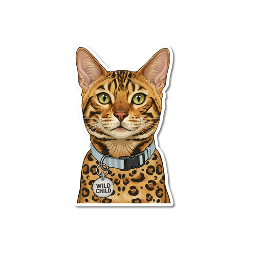 Funny Bengal cat sticker. Die-cut portrait with green eyes, bold rosette coat, light blue collar and "WILD CHILD" charm, white contour border.