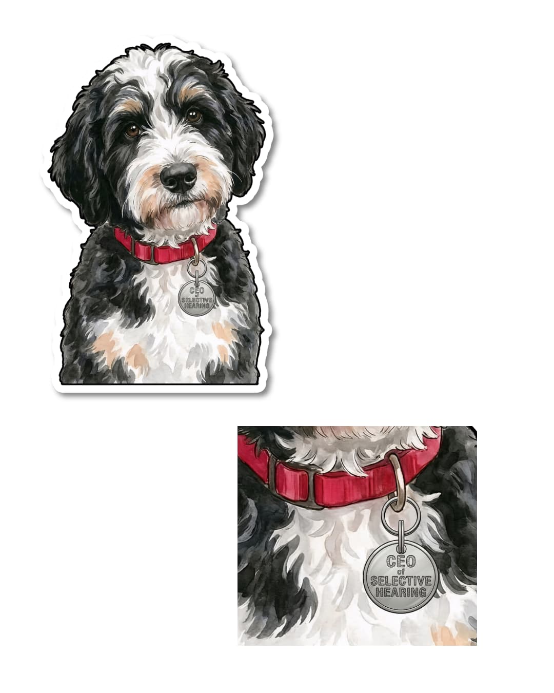 bernedoodle sticker close up of ceo of selective hearing dog tag on bernedoodle matte vinyl decal