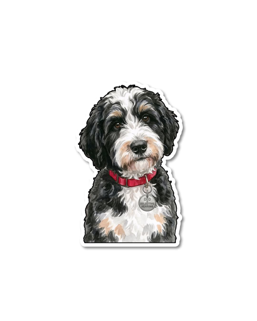 bernedoodle sticker tri color bernedoodle dog with red collar wearing ceo of selective hearing tag matte vinyl decal