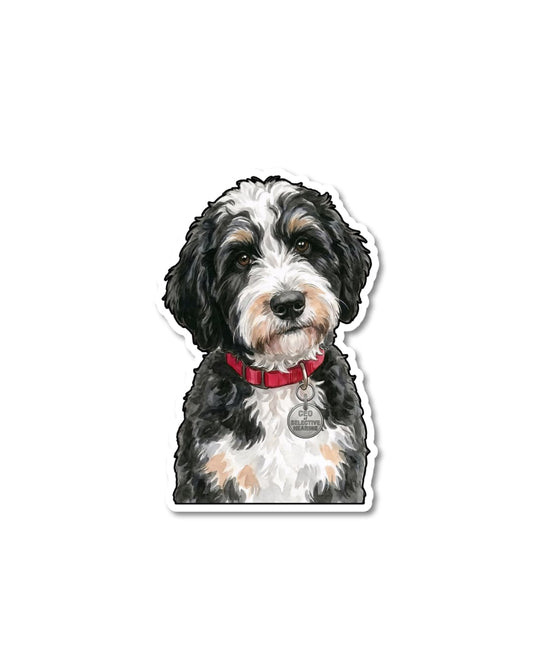 bernedoodle sticker tri color bernedoodle dog with red collar wearing ceo of selective hearing tag matte vinyl decal