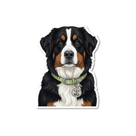 Bernese mountain dog vinyl sticker. Kiss-cut, black, rust and white tri-color coat, olive green collar, round "CEO OF NO" charm, white contour border.