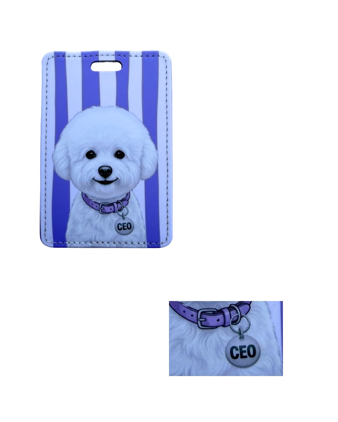 Bichon Frise luggage tag close-up; Detail view of a faux leather luggage tag showing a fluffy white Bichon Frise with a purple collar and circular CEO charm, vertical purple and white stripes.