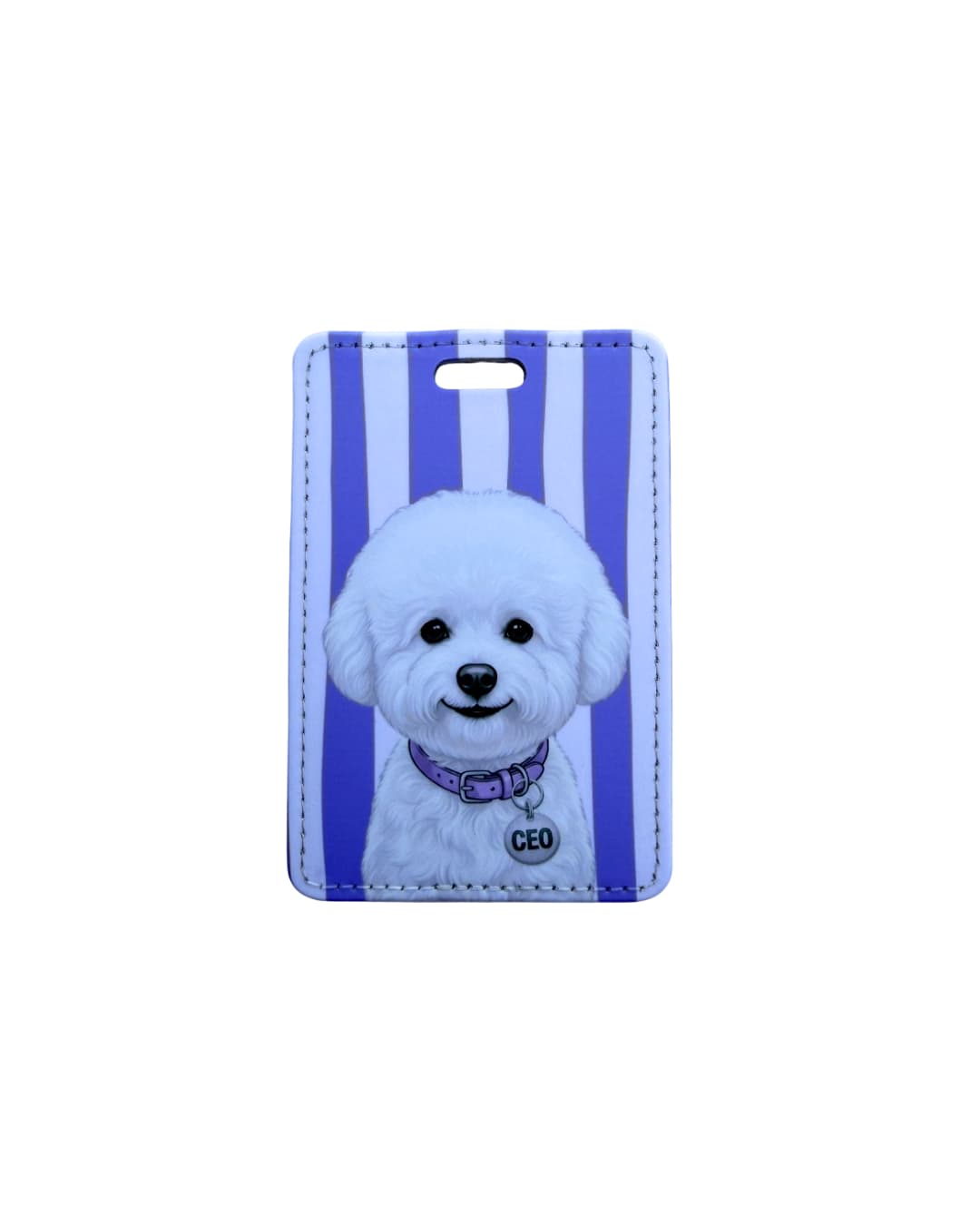 Bichon Frise luggage tag; Fun faux leather luggage tag featuring a fluffy white Bichon Frise with a purple collar and CEO charm, vertical purple and white stripes, white background.