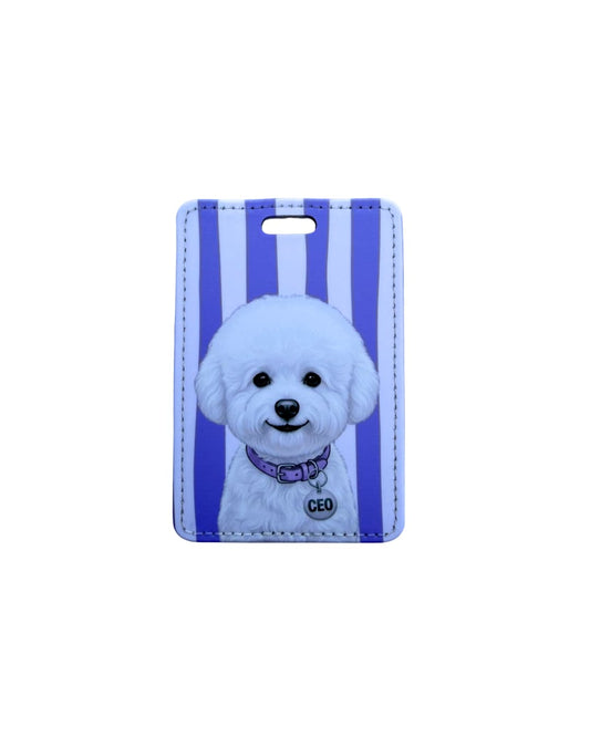 Bichon Frise luggage tag; Fun faux leather luggage tag featuring a fluffy white Bichon Frise with a purple collar and CEO charm, vertical purple and white stripes, white background.