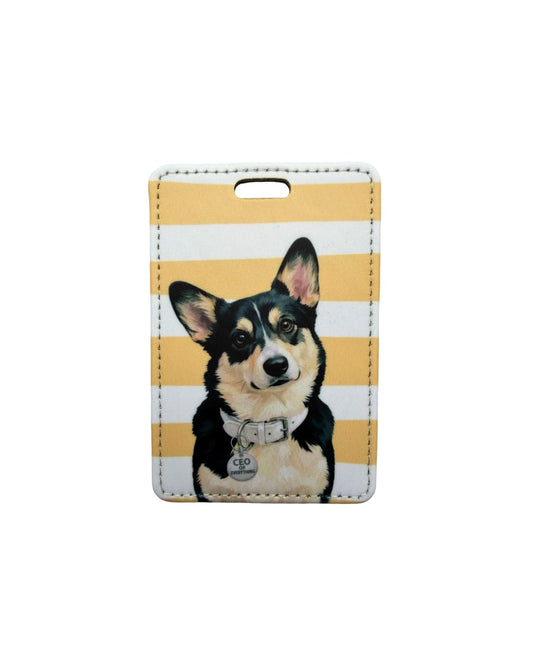 Black and tan corgi luggage tag; Fun faux leather luggage tag with an illustrated black and tan Corgi wearing a CEO of Everything charm, yellow and white horizontal stripes, white background.