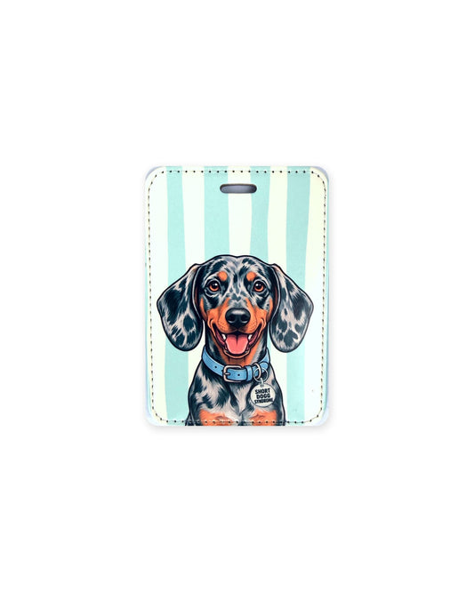Black and tan dapple dachshund luggage tag with an original design of a doxie wearing a light blue collar and a round charm that reads "Short Dogg Syndrome", on aqua and white stripes. Faux leather luggage tag with stitched edges and a slot at the top.