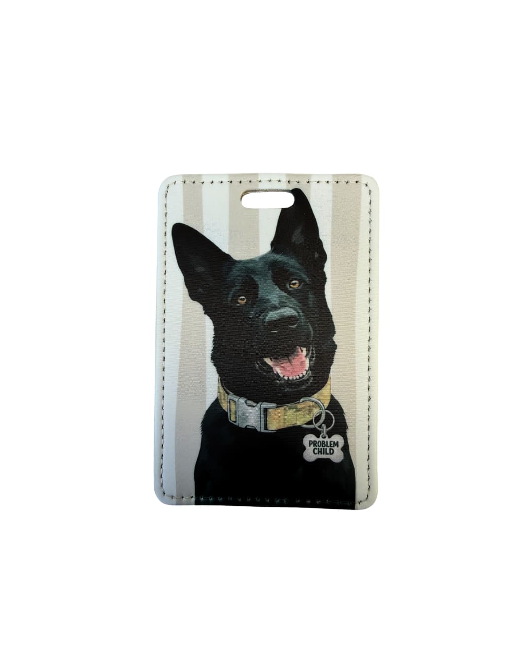 Black German Shepherd luggage tag; Vibrant faux leather luggage tag with a grinning black GSD illustration wearing a Problem Child funny bone charm, grey and white vertical stripes, white background.