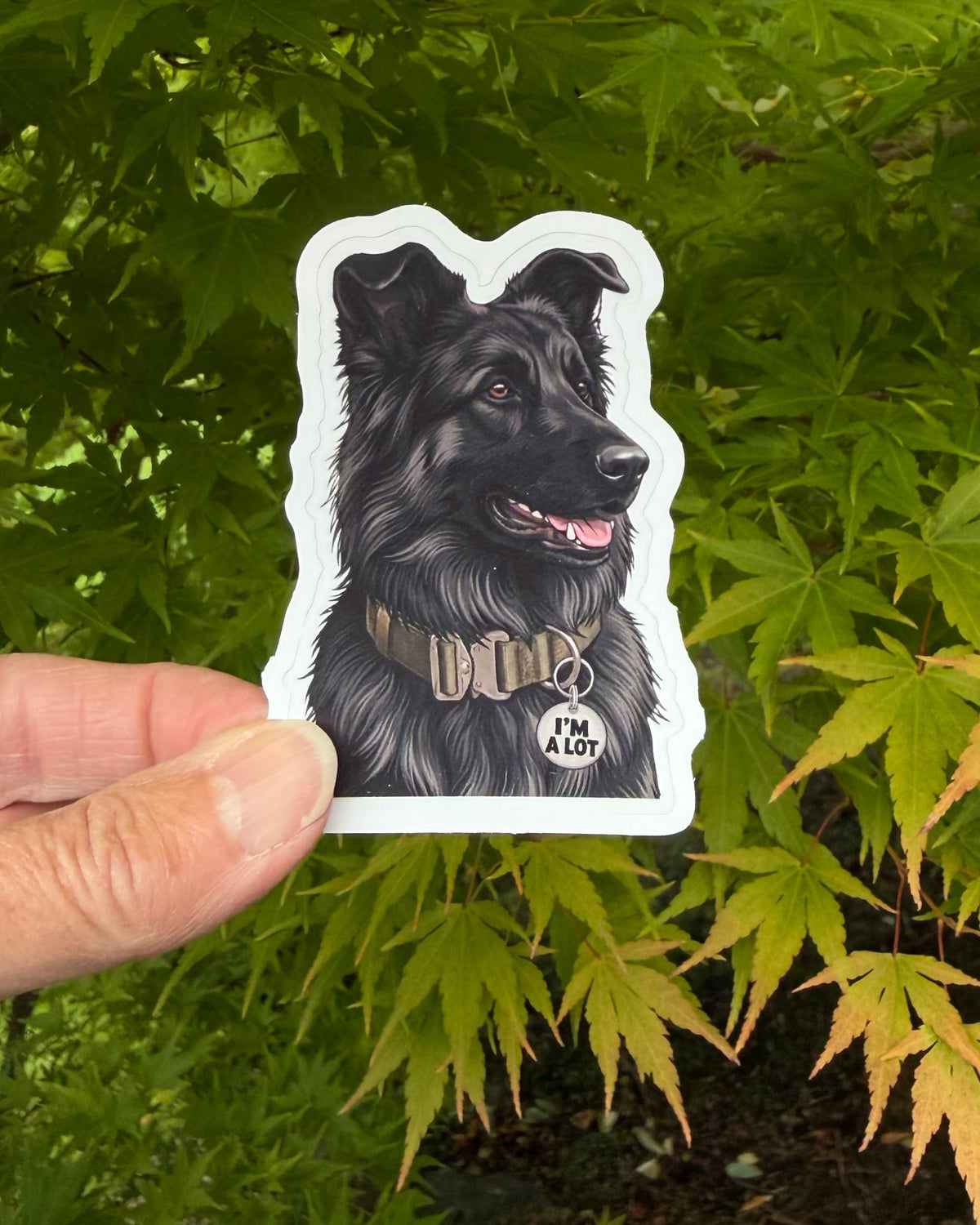 Black German Shepherd sticker held in a hand against green maple leaves, with its I'M A LOT tag showing