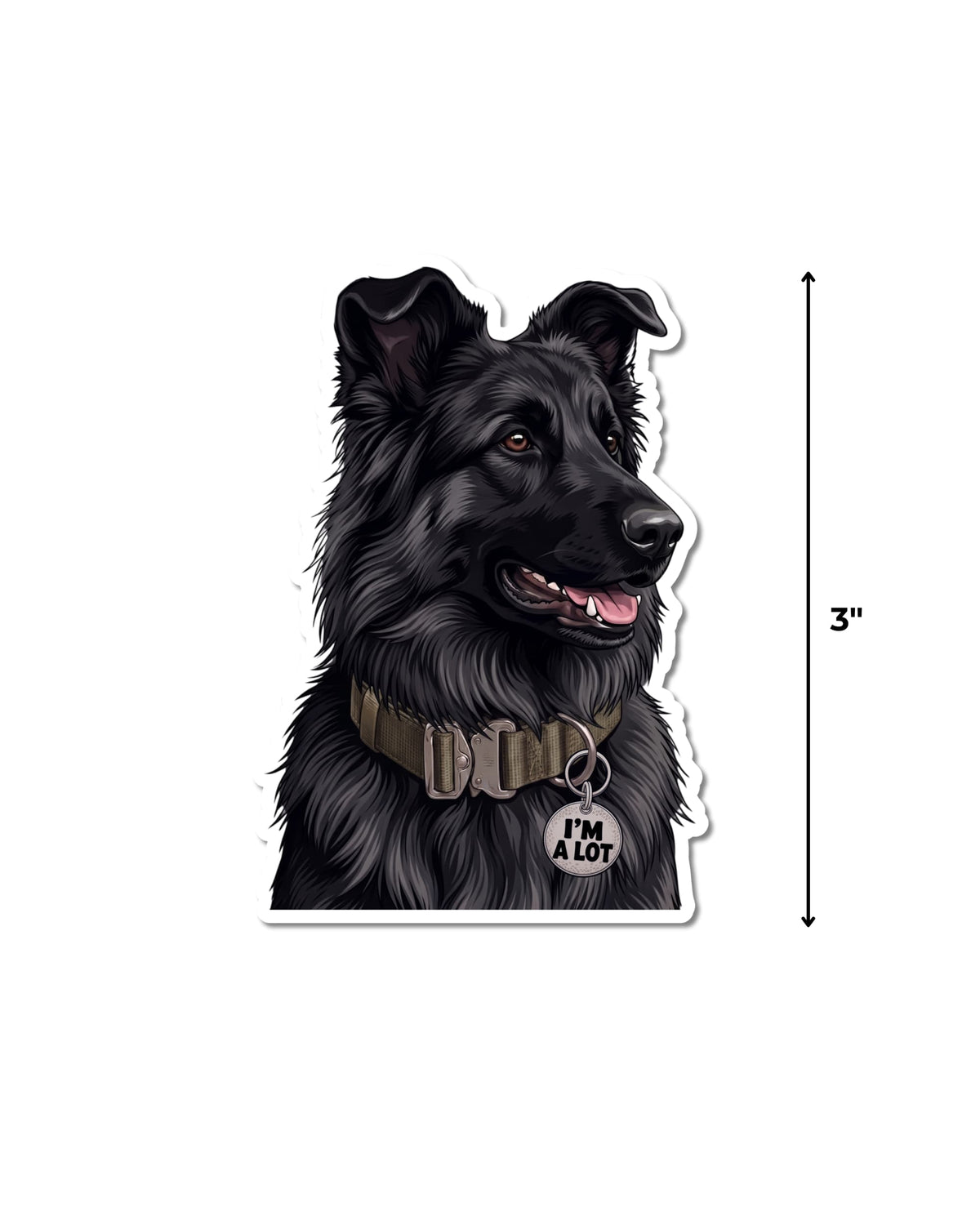 Black German Shepherd sticker next to a measurement line showing its 3 inch size