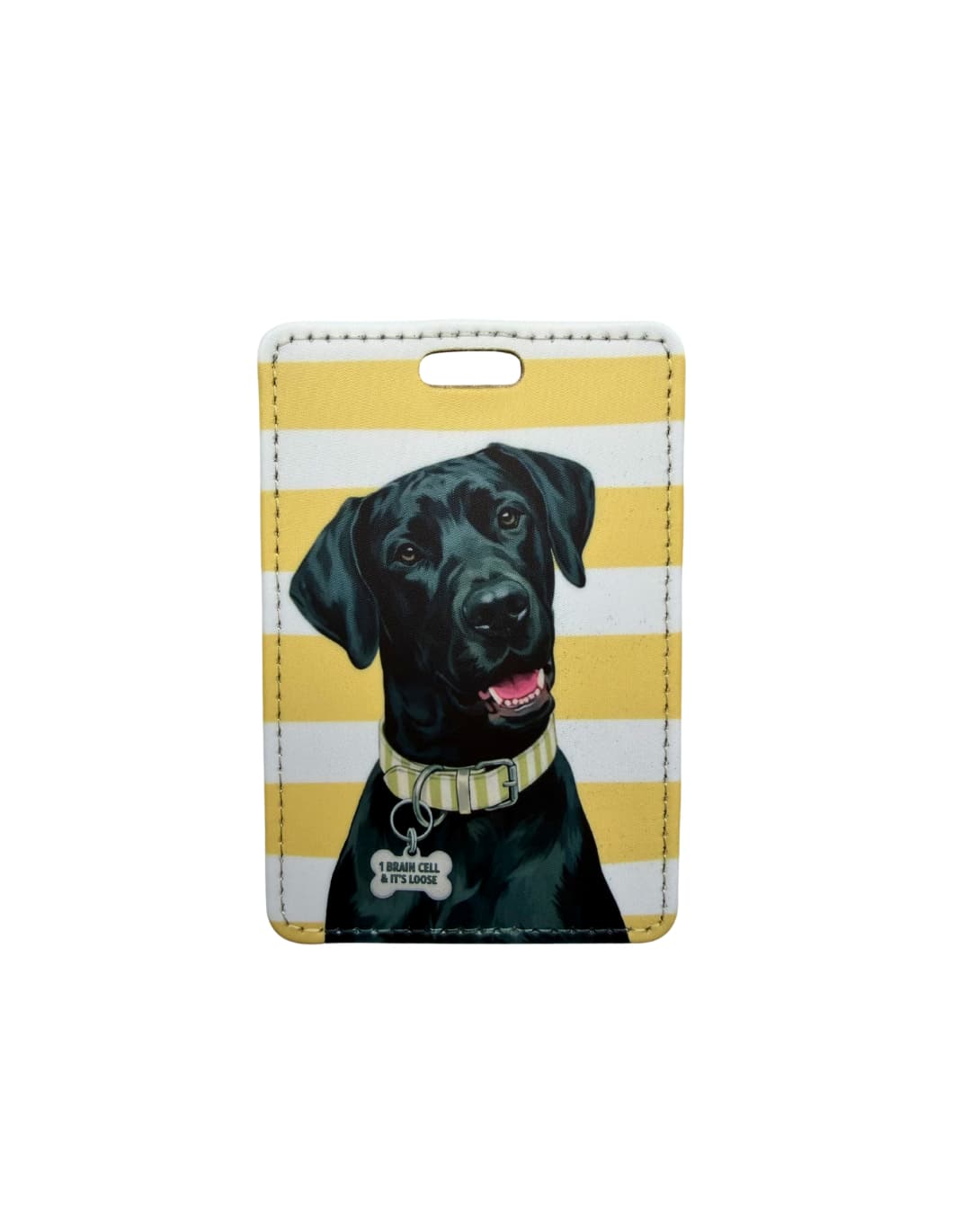 black great dane luggage tag flat lay showing black Great Dane with 1 BRAIN CELL AND ITS LOOSE bone collar tag on yellow and white striped faux leather travel tag