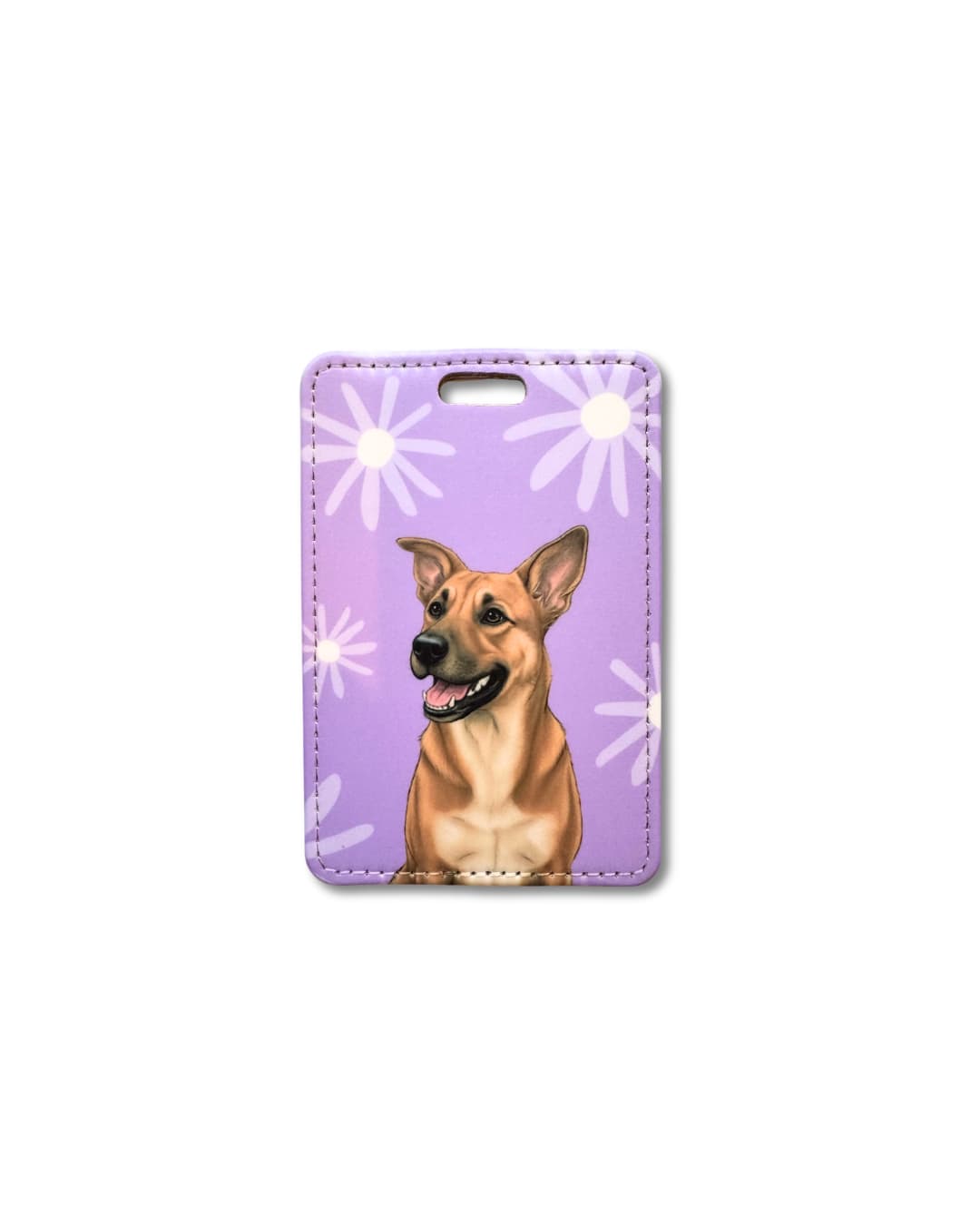 Black Mouth Cur luggage tag on floral  lavender background with illustrated BMC dog portrait