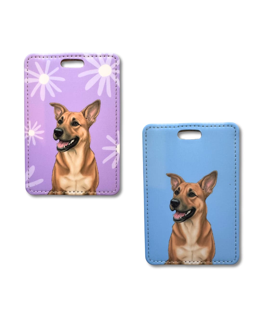 Black Mouth Cur luggage tags in lavender floral and sky blue colorways side by side