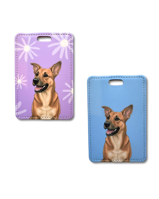 Black Mouth Cur luggage tags in lavender floral and sky blue colorways side by side