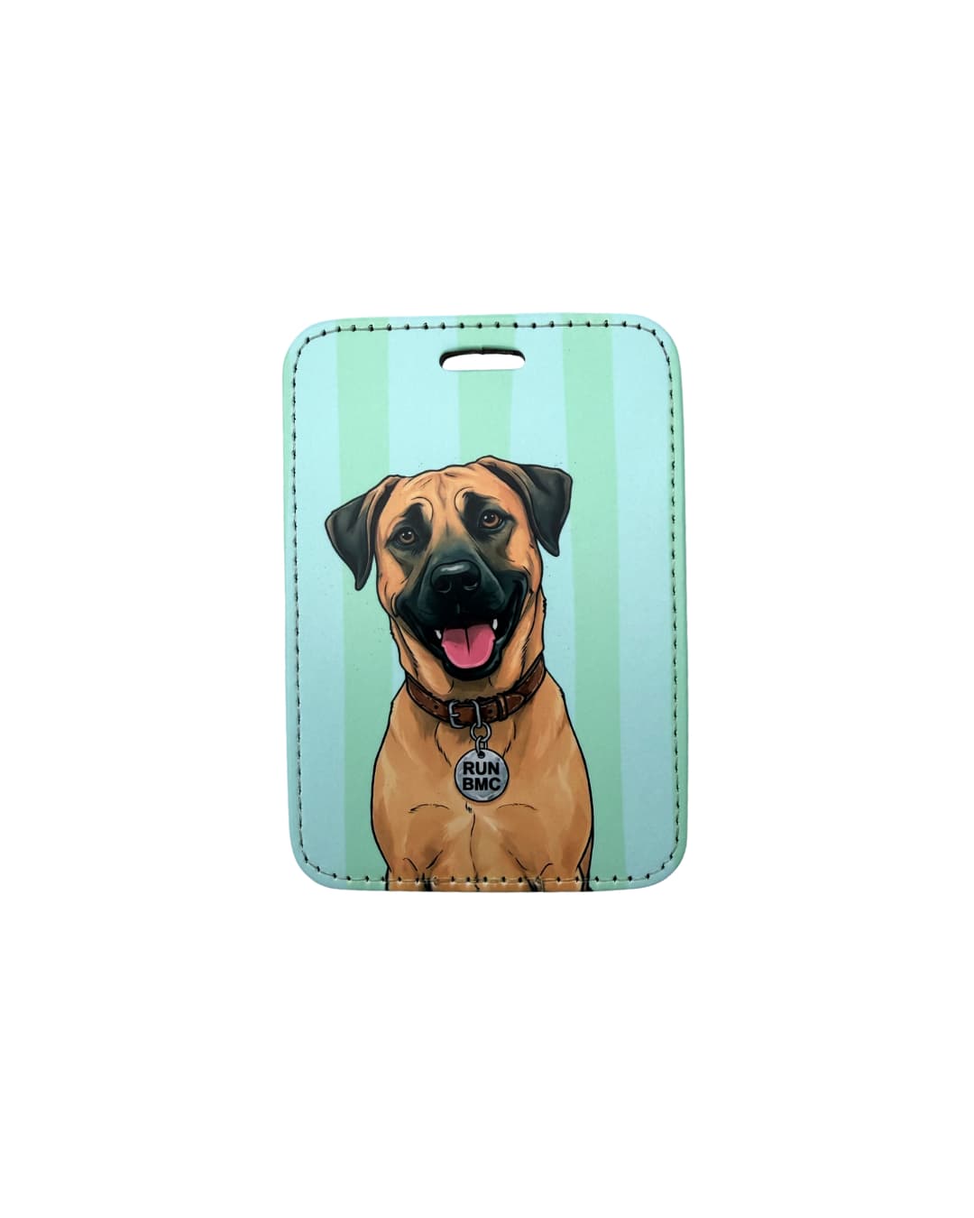 Funny Black Mouth Cur luggage tag - illustrated fawn and BMC dog with brown collar and RUN BMC tag, on mint green / blue striped background