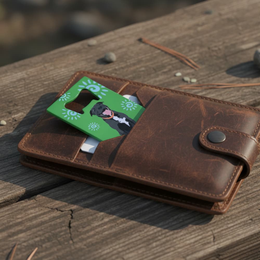 Black pit bull bottle opener with green background and blue abstract sun designs tucked in brown leather wallet showing portable wallet-sized design