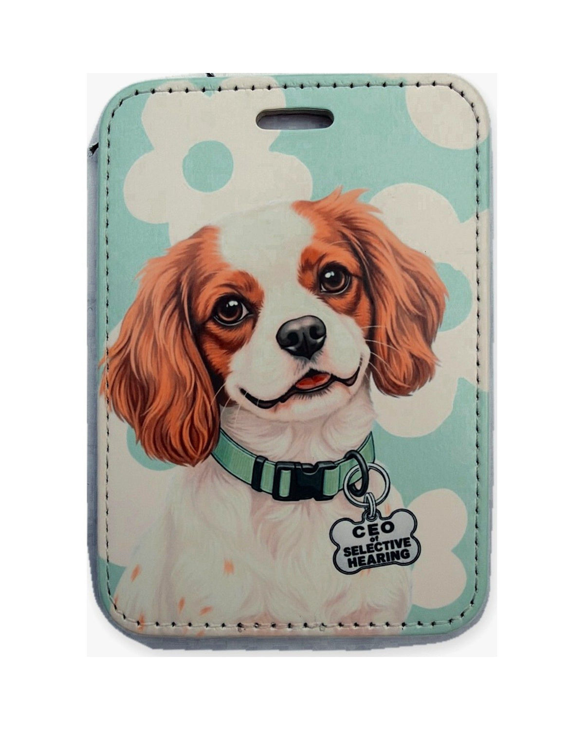 Blenheim Cavalier Luggage Tag with an original design of a Blenheim Cavalier King Charles Spaniel wearing a mint collar and a bone-shaped charm that reads "CEO of Selective Hearing", on mint and cream flowers. Faux leather luggage tag.