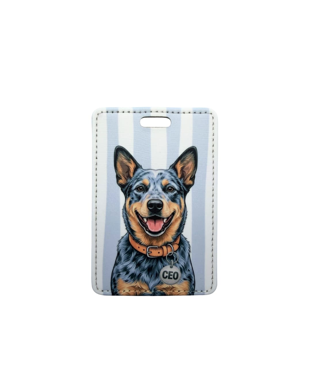 Blue heeler luggage tag; Fun faux leather luggage tag with an illustrated Blue Heeler wearing a "CEO" charm, light blue and white vertical stripes, white background.