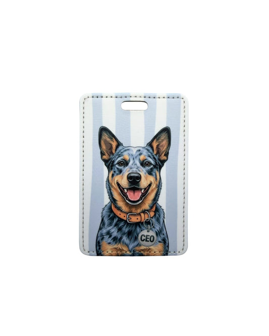 Blue heeler luggage tag; Fun faux leather luggage tag with an illustrated Blue Heeler wearing a "CEO" charm, light blue and white vertical stripes, white background.