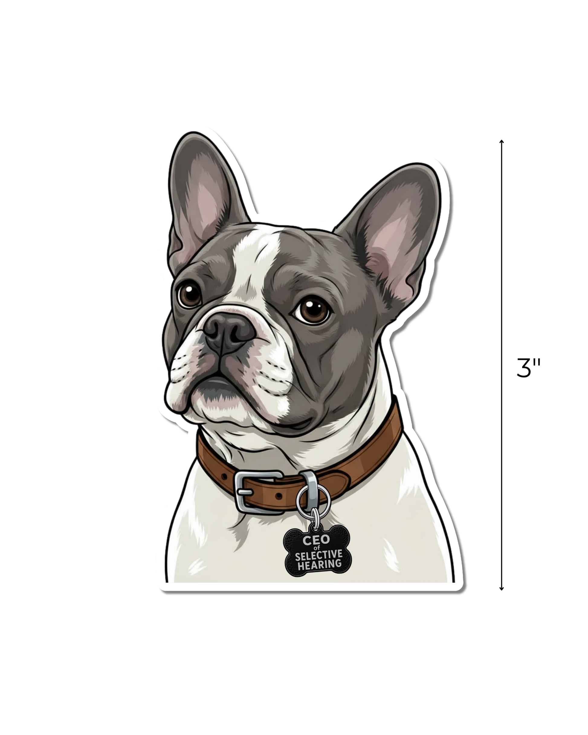 Blue pied French Bulldog waterproof vinyl sticker with CEO of Selective Hearing collar tag, 3 inches tall.