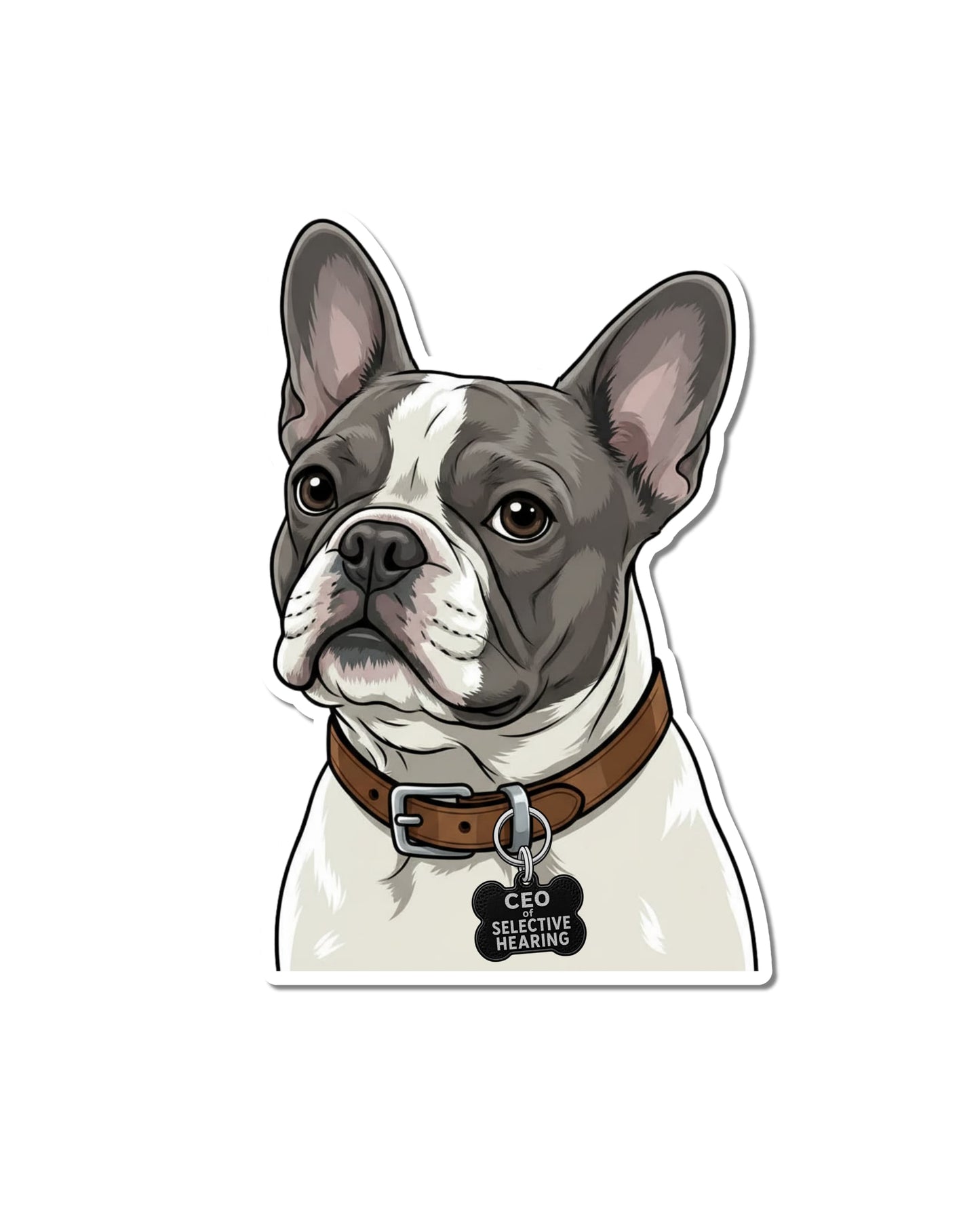 Blue pied Frenchie die-cut matte vinyl sticker on white background showing CEO of Selective Hearing collar tag.