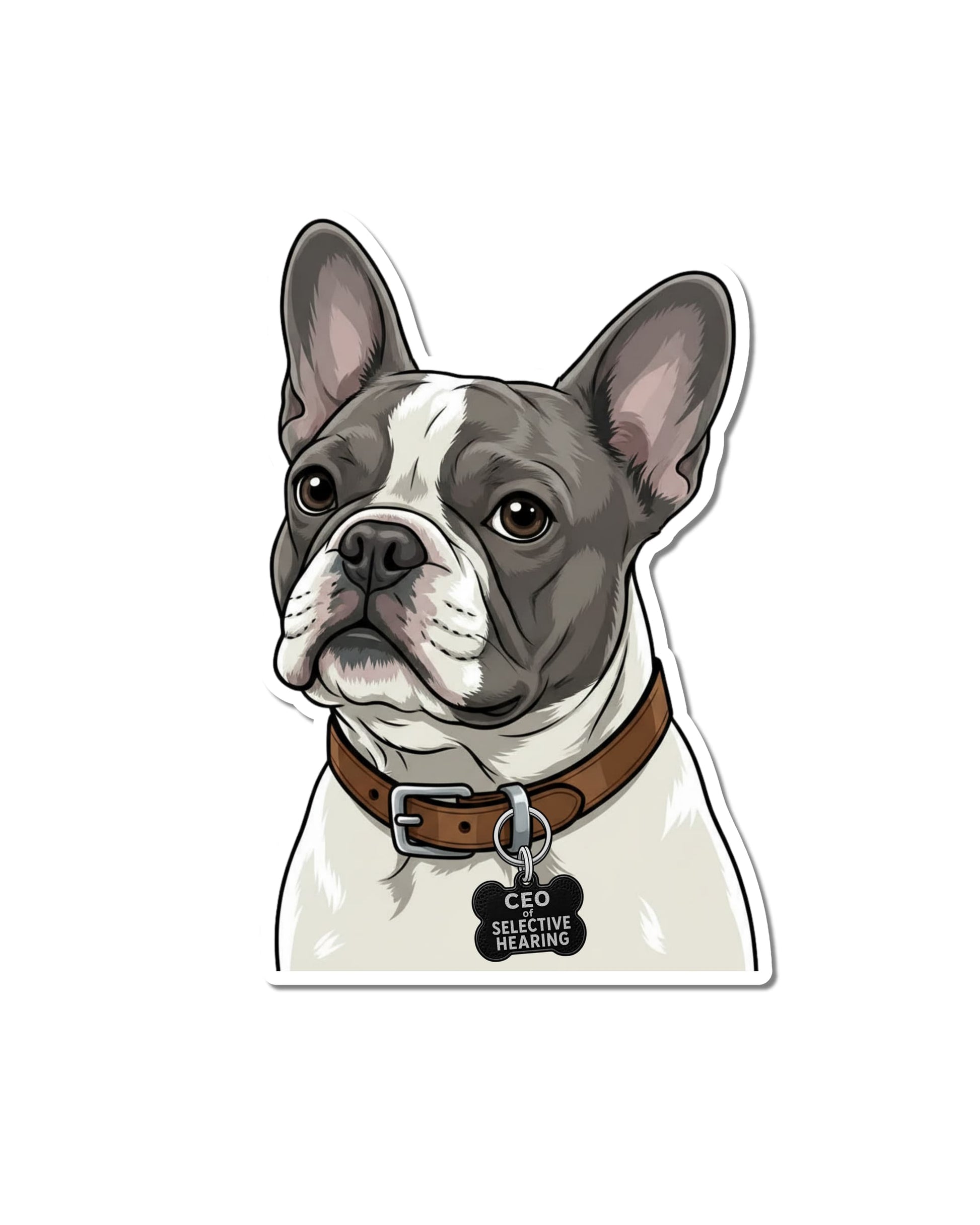 Blue pied Frenchie die-cut matte vinyl sticker on white background showing CEO of Selective Hearing collar tag.
