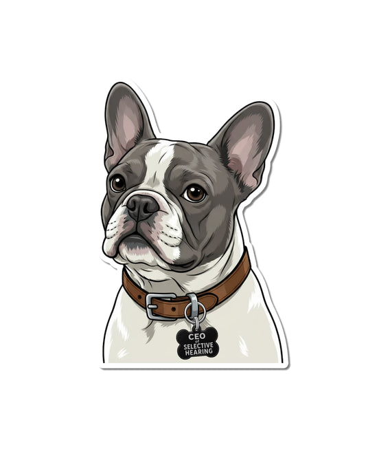 Blue pied Frenchie die-cut matte vinyl sticker on white background showing CEO of Selective Hearing collar tag.