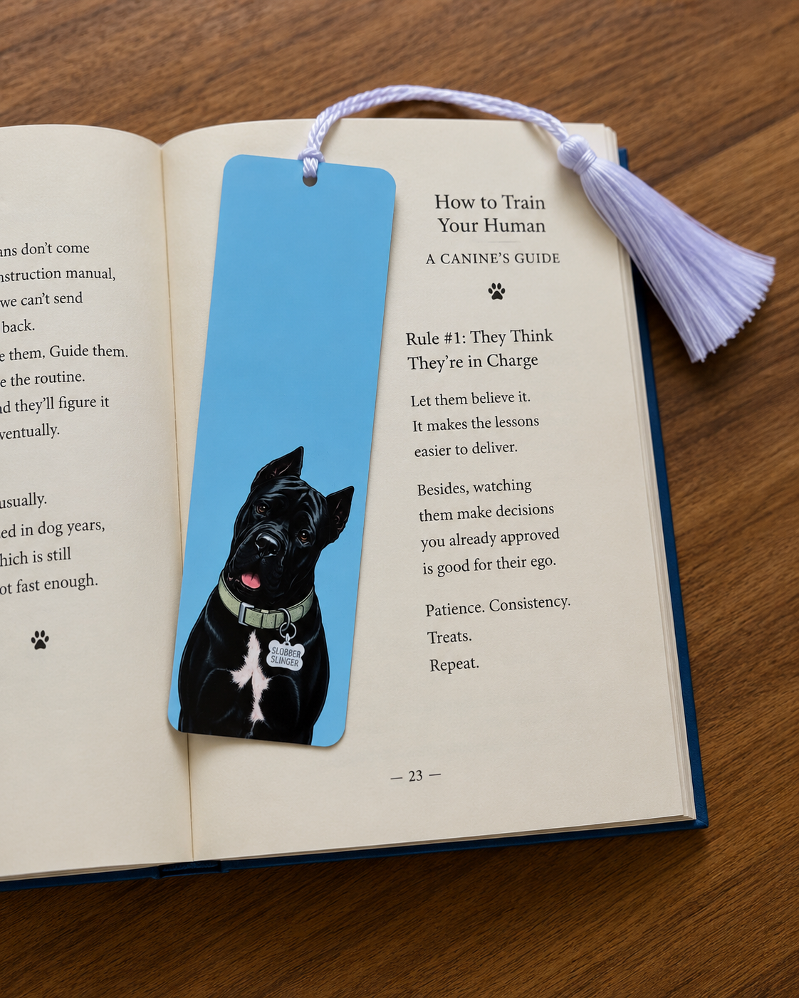 Cane Corso bookmark in open book showing How to Train Your Human, sky blue aluminum, Slobber Slinger collar tag, white tassel