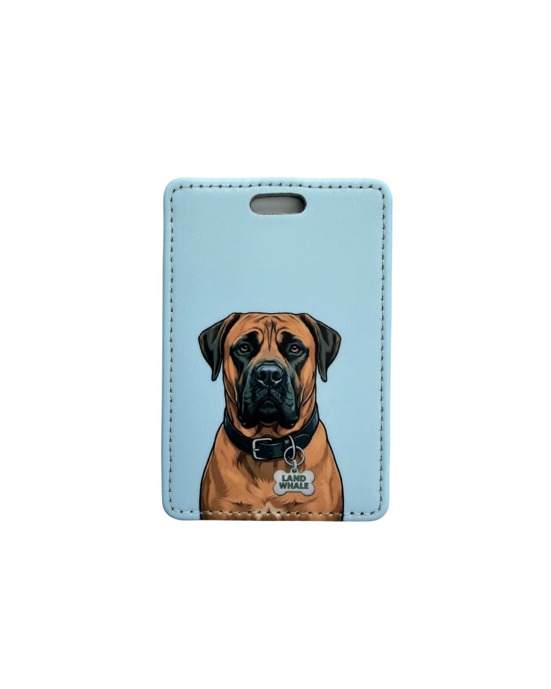 Boerboel luggage tag; a vertical faux leather luggage tag featuring a South African Mastiff with a Land Whale collar tag against a pale blue background.